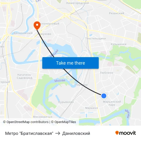 Метро "Братиславская" to Даниловский map