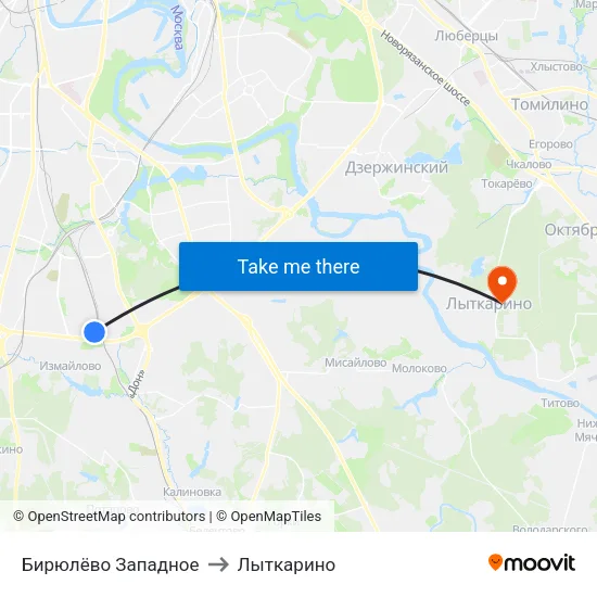 Бирюлёво Западное to Лыткарино map