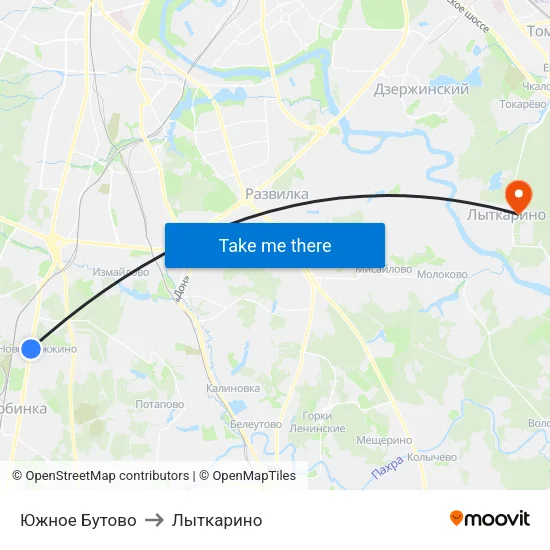 Южное Бутово to Лыткарино map