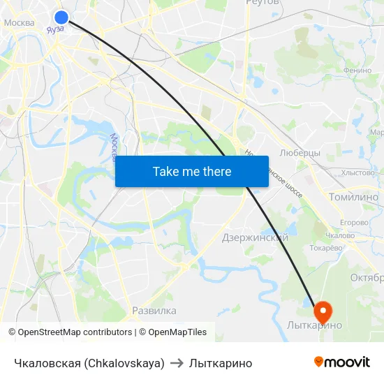 Чкаловская (Chkalovskaya) to Лыткарино map