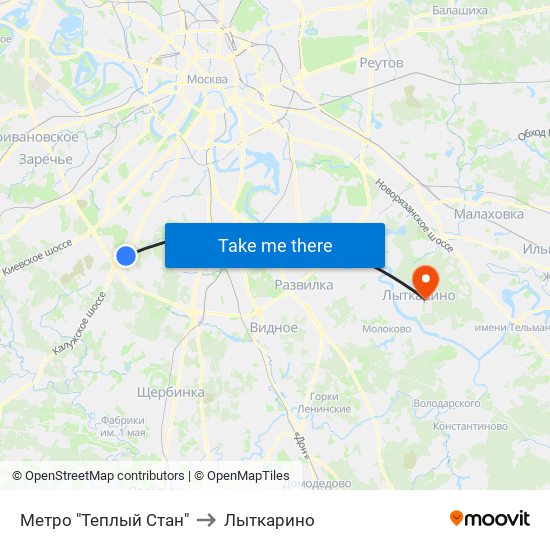 Метро "Теплый Стан" to Лыткарино map
