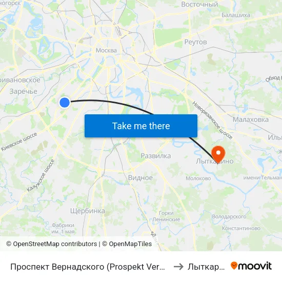 Проспект Вернадского (Prospekt Vernadskogo) to Лыткарино map