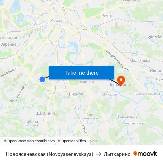 Новоясеневская (Novoyasenevskaya) to Лыткарино map