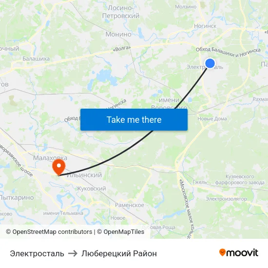 Электросталь to Люберецкий Район map