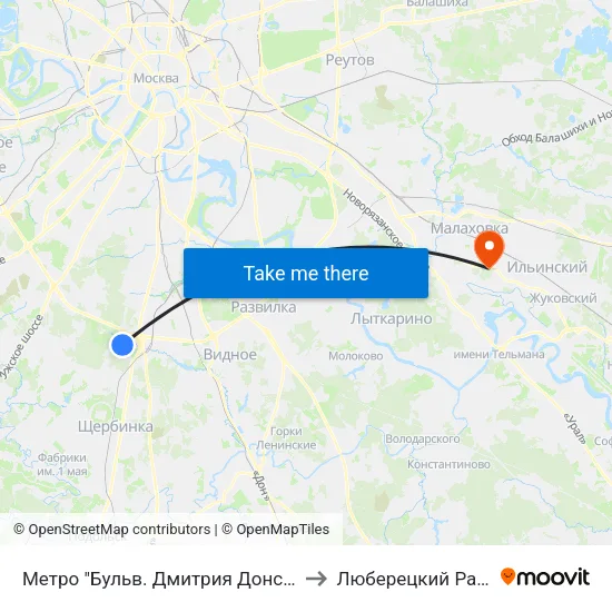Метро "Бульв. Дмитрия Донского" to Люберецкий Район map