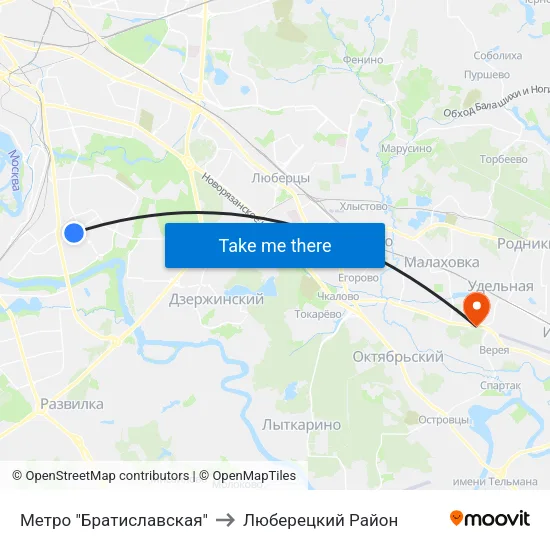 Метро "Братиславская" to Люберецкий Район map