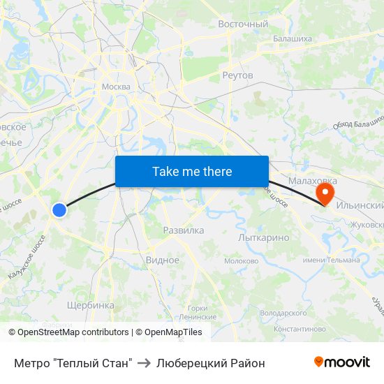 Метро "Теплый Стан" to Люберецкий Район map