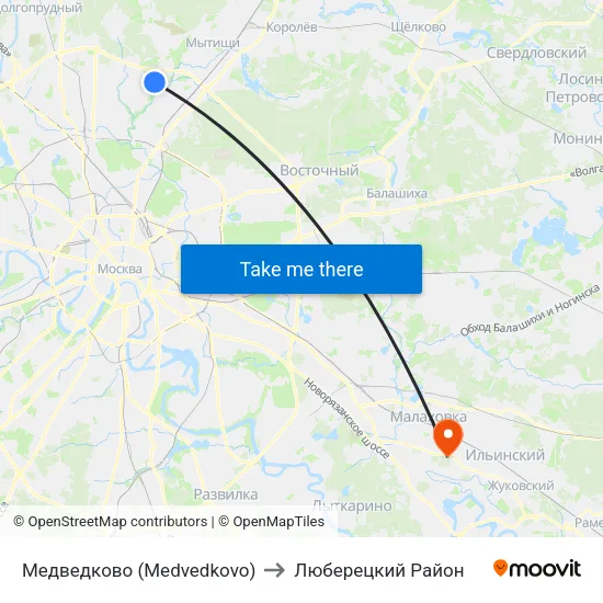 Медведково (Medvedkovo) to Люберецкий Район map