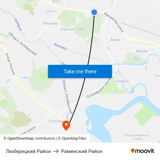 Люберецкий Район to Раменский Район map