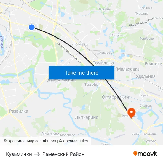 Кузьминки to Раменский Район map