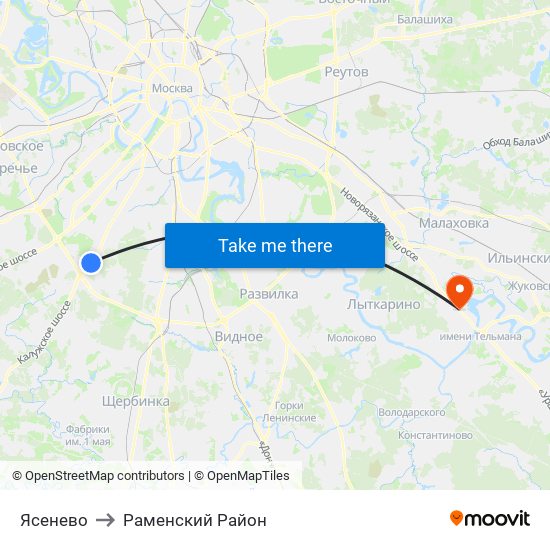 Ясенево to Раменский Район map