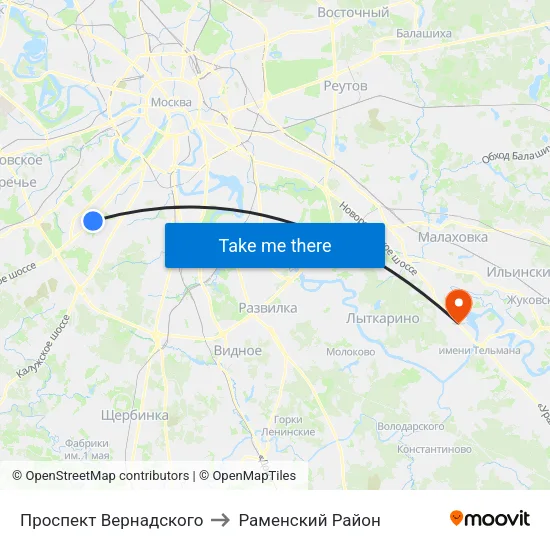 Проспект Вернадского to Раменский Район map