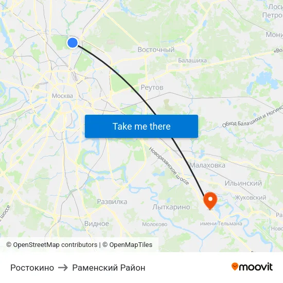 Ростокино to Раменский Район map
