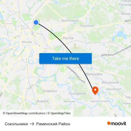 Сокольники to Раменский Район map