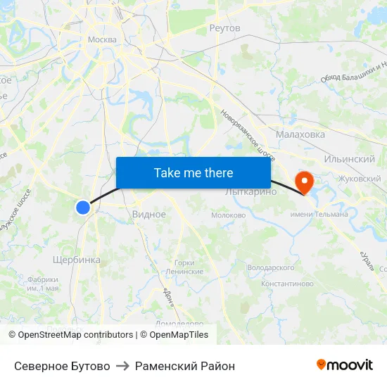 Северное Бутово to Раменский Район map