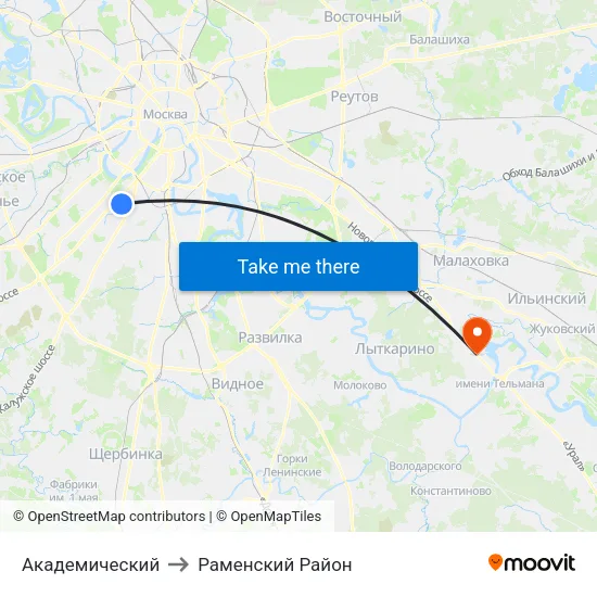 Академический to Раменский Район map