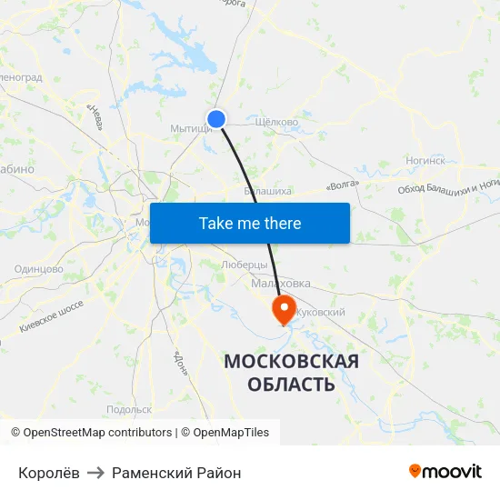 Королёв to Раменский Район map