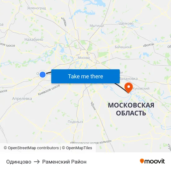 Одинцово to Раменский Район map
