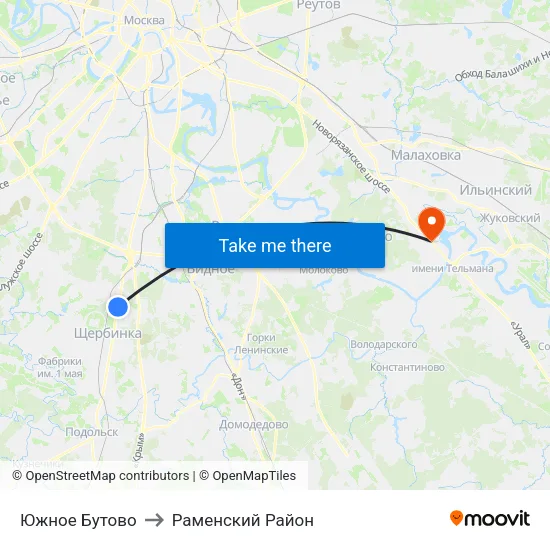 Южное Бутово to Раменский Район map