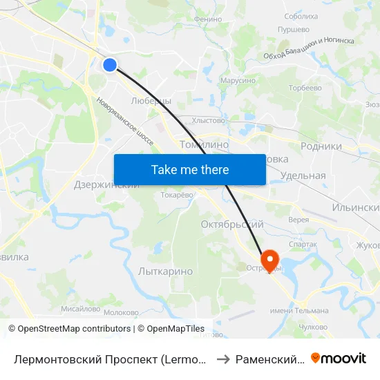 Лермонтовский Проспект (Lermontovsky Prospekt) to Раменский Район map