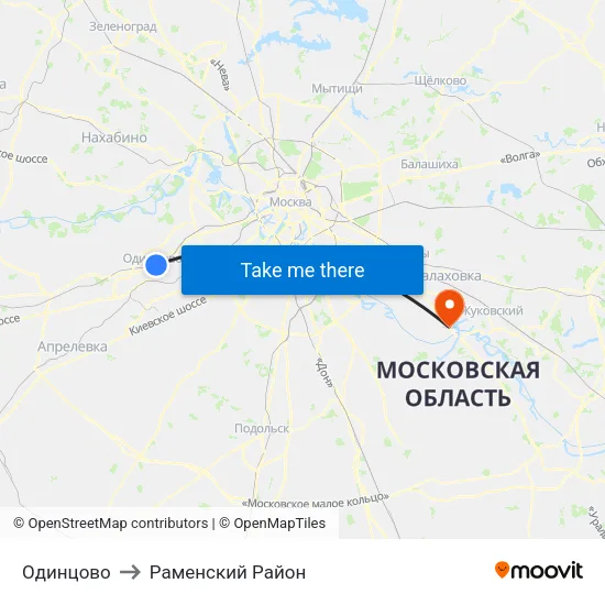 Одинцово to Раменский Район map