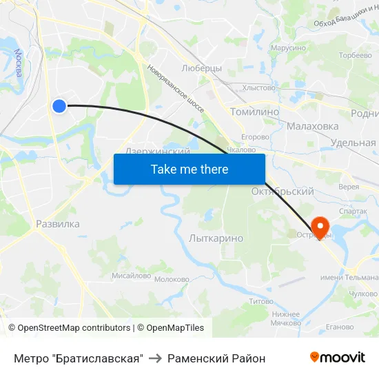Метро "Братиславская" to Раменский Район map