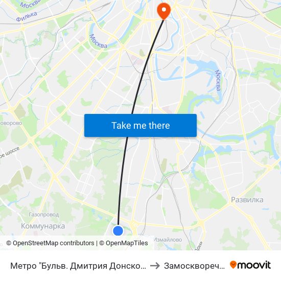 Метро "Бульв. Дмитрия Донского" to Замоскворечье map