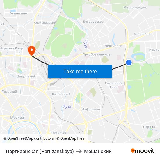 Партизанская (Partizanskaya) to Мещанский map