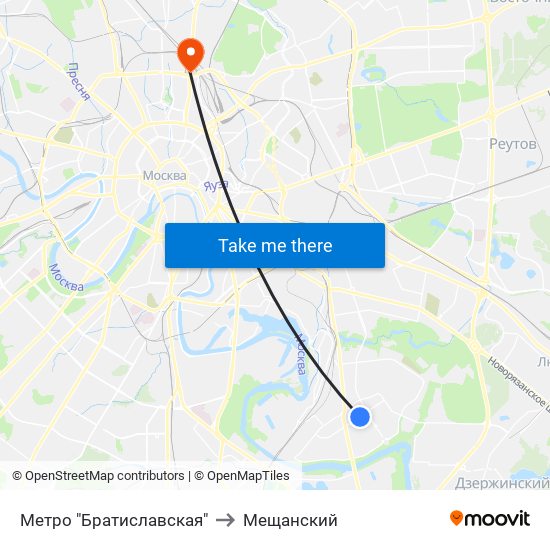 Метро "Братиславская" to Мещанский map