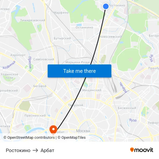 Ростокино to Арбат map