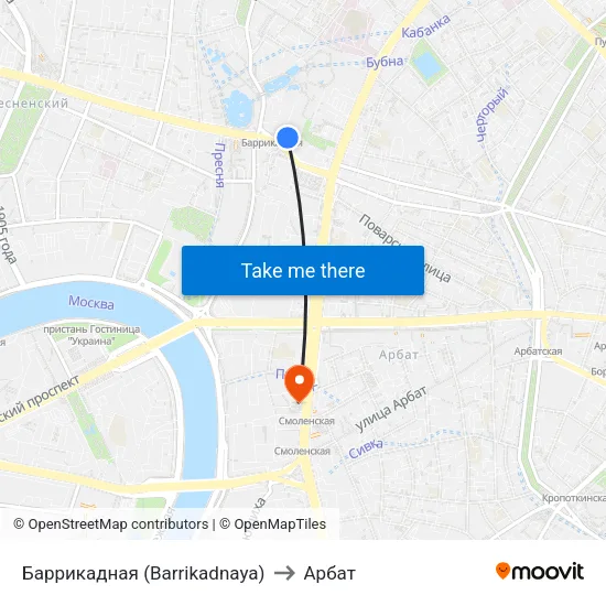 Баррикадная (Barrikadnaya) to Арбат map