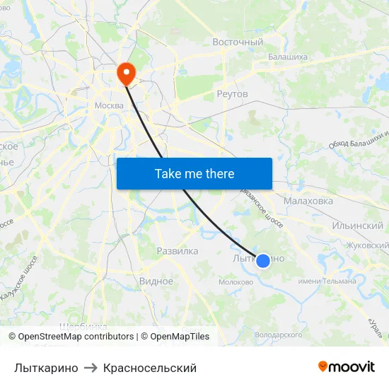 Лыткарино to Красносельский map