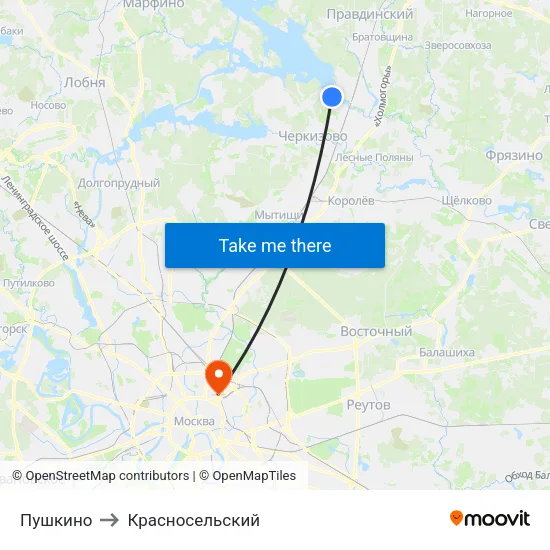 Пушкино to Красносельский map