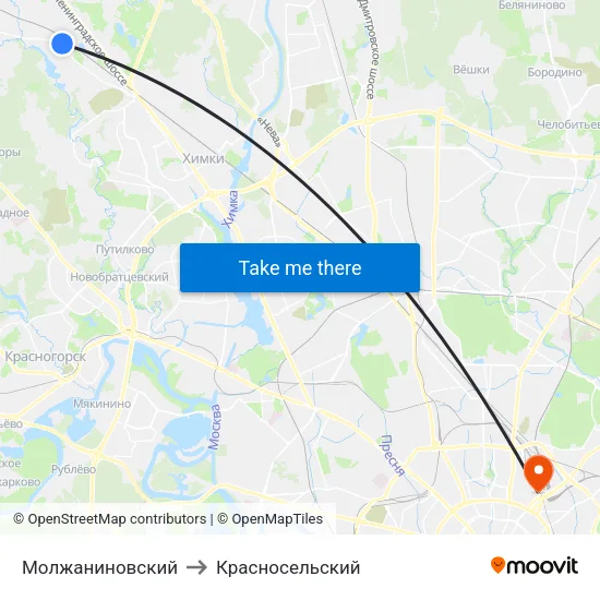 Молжаниновский to Красносельский map