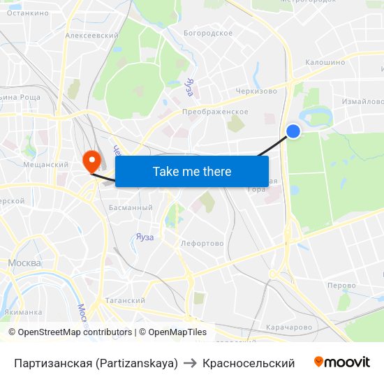 Партизанская (Partizanskaya) to Красносельский map