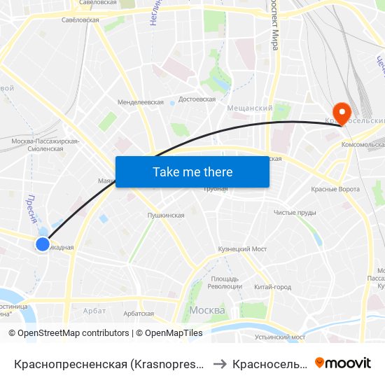 Краснопресненская (Krasnopresnenskaya) to Красносельский map