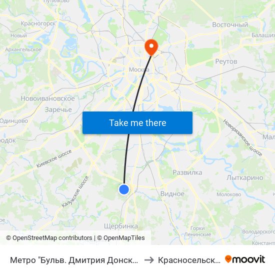 Метро "Бульв. Дмитрия Донского" to Красносельский map