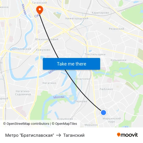 Метро "Братиславская" to Таганский map