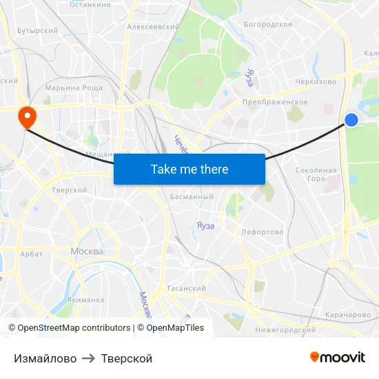 Измайлово to Тверской map