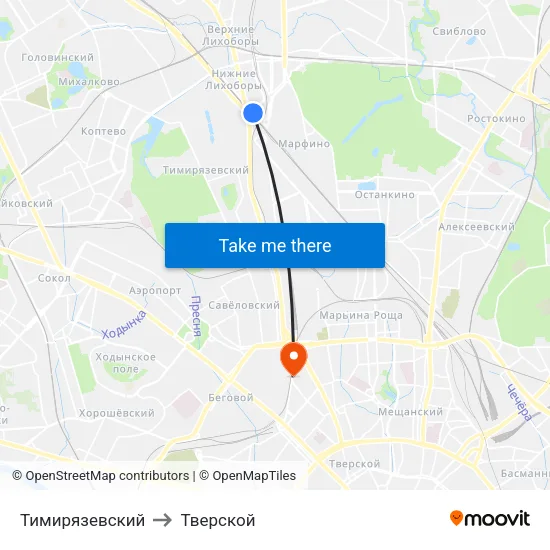 Тимирязевский to Тверской map