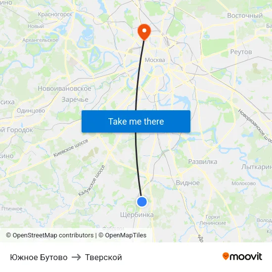 Южное Бутово to Тверской map