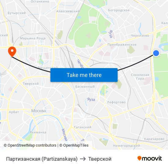 Партизанская (Partizanskaya) to Тверской map