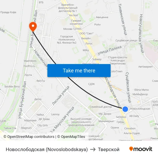 Новослободская (Novoslobodskaya) to Тверской map