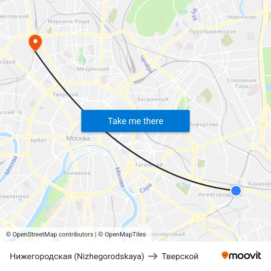 Нижегородская (Nizhegorodskaya) to Тверской map