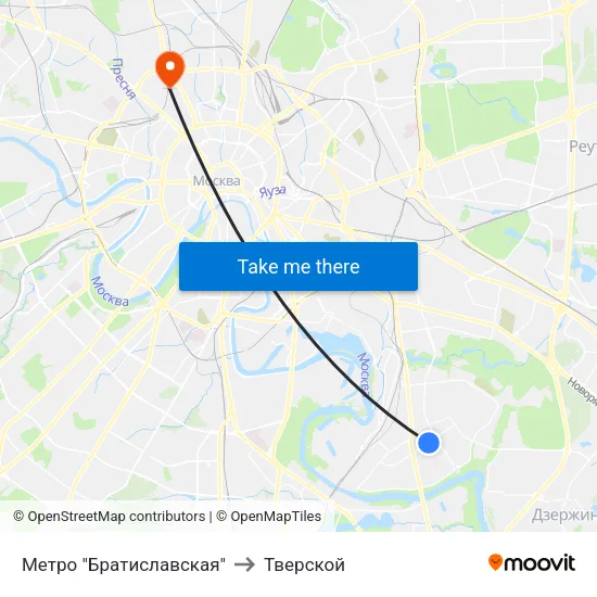 Метро "Братиславская" to Тверской map