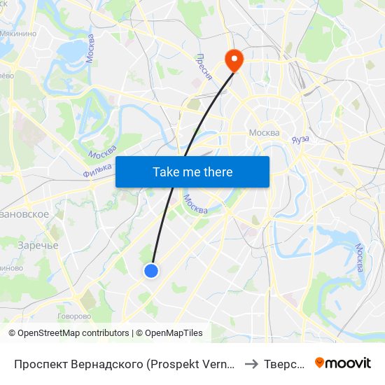 Проспект Вернадского (Prospekt Vernadskogo) to Тверской map