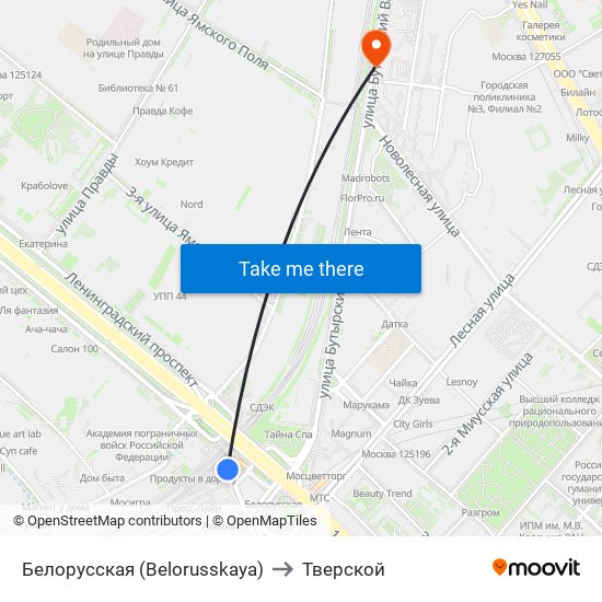 Белорусская (Belorusskaya) to Тверской map