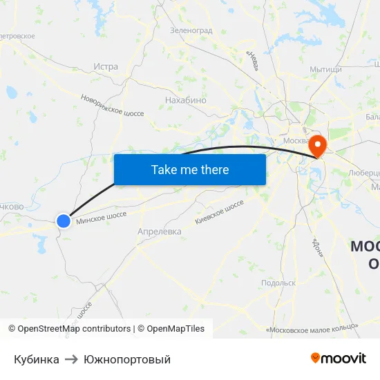 Кубинка to Южнопортовый map