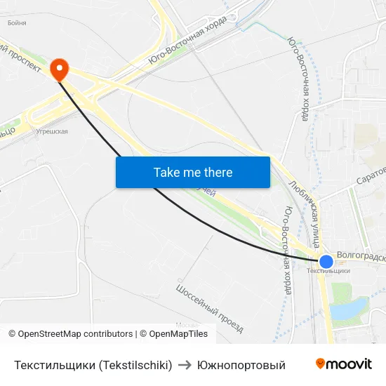 Текстильщики (Tekstilschiki) to Южнопортовый map