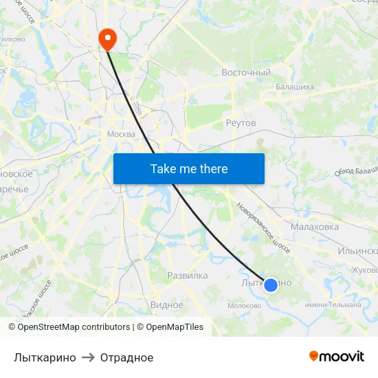 Лыткарино to Отрадное map